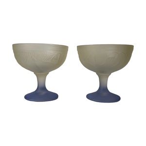 Vintage Pair of France Blue Frosted Depression Glass Sherbet Ice Cream